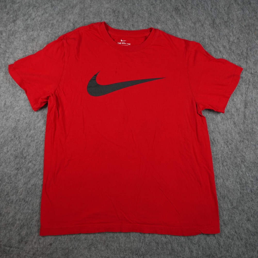 Nike Shirt Men Large Red Big Swoosh Graphic Short Sleeve Cotton Tee Casual